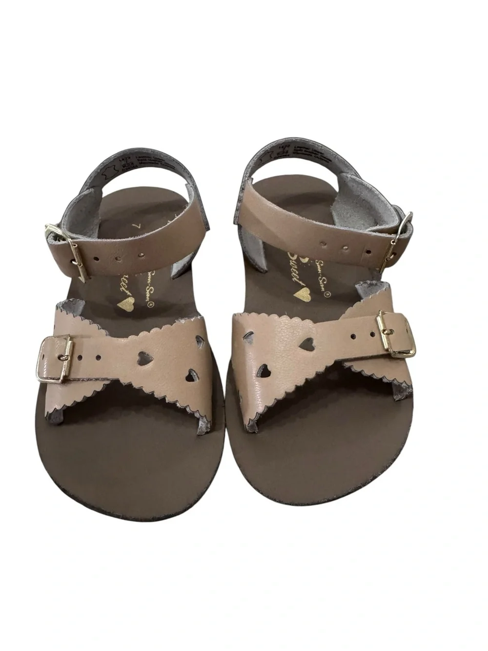 Girls Tan Buckle Sandals with Scalloped Trim